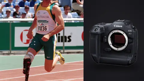 Canon EOS R3 product photo beside sprinter running with a prosthetic blade on an outdoor track