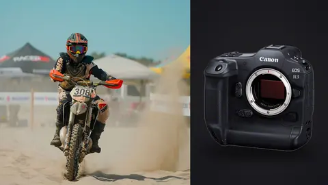 Canon EOS R3 product photo beside motocross rider airborne against a blue sky