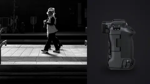 Canon EOS R3 product photo beside commuter with a coffee walking along a station platform