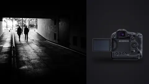 Canon EOS R3 product photo beside two silhouetted figures walking through a dark underpass