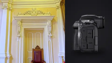 Canon EOS R5 Mark II product photo beside grand ceremonial hall with ornate arched doorway