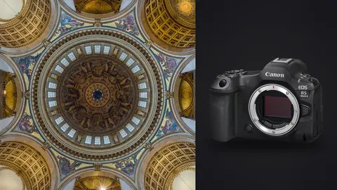 Canon EOS R5 Mark II product photo beside ornate painted dome ceiling seen from directly below
