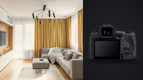 Canon EOS R5 Mark II product photo beside modern living room with grey sofa and mustard curtains