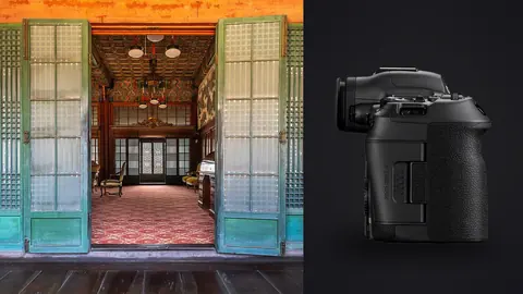 Canon EOS R5 Mark II product photo beside vivid palace hall with open doors and traditional architecture