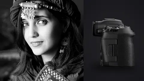Canon EOS R5 Mark II product photo beside woman in traditional headscarf and jewelry gazing gently at camera