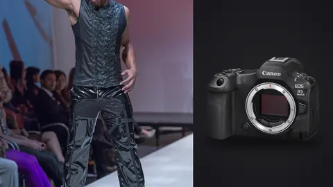 Canon EOS R5 Mark II product photo beside male model in a black quilted draped outfit on a runway