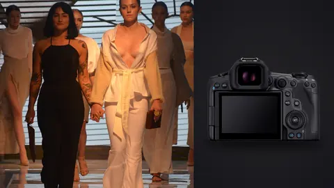 Canon EOS R5 Mark II product photo beside models in neutral-toned outfits walking together on a runway