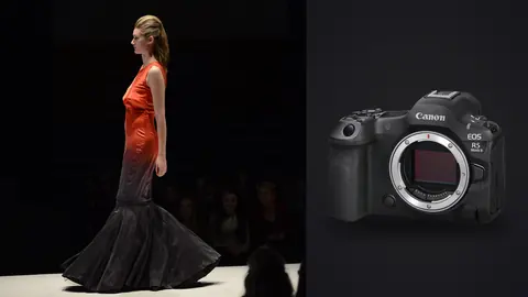 Canon EOS R5 Mark II product photo beside model in a dark red mermaid-silhouette gown on a runway