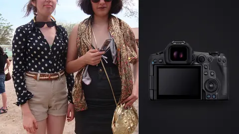 Canon EOS R5 Mark II product photo beside two women in eclectic street style outfits pose outdoors