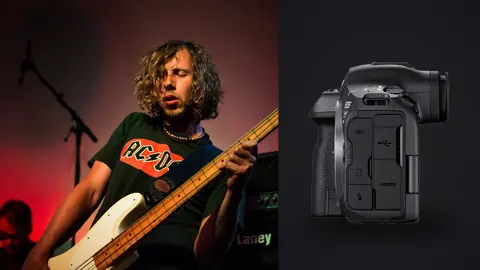 Canon EOS R5 Mark II product photo beside bassist performing on stage