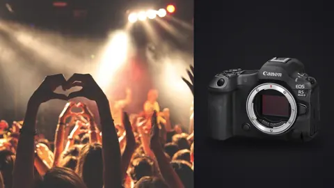 Canon EOS R5 Mark II product photo beside crowd raising hands at concert with heart-shaped gesture