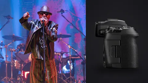 Canon EOS R5 Mark II product photo beside performer singing on stage