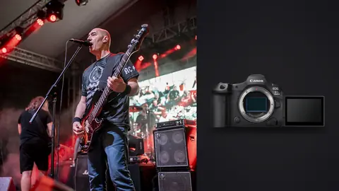 Canon EOS R5 Mark II product photo beside musician singing on stage with red lighting