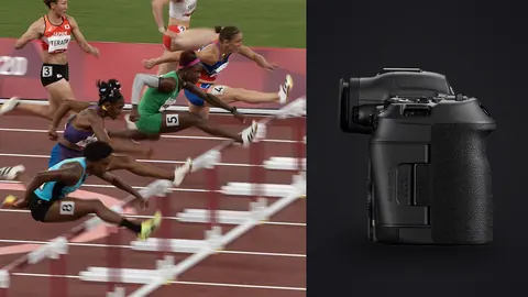 Canon EOS R5 Mark II product photo beside five female hurdlers clearing barriers in a dramatic pack