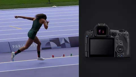 Canon EOS R5 Mark II product photo beside para-athlete sprinting hard down the track mid-stride