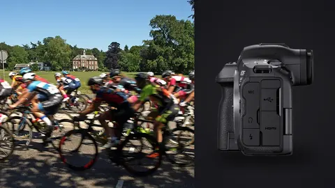 Canon EOS R5 Mark II product photo beside cycling peloton blurred with speed past a grand estate