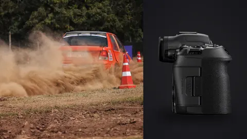 Canon EOS R5 Mark II product photo beside rally car drifting through dirt with a dust cloud