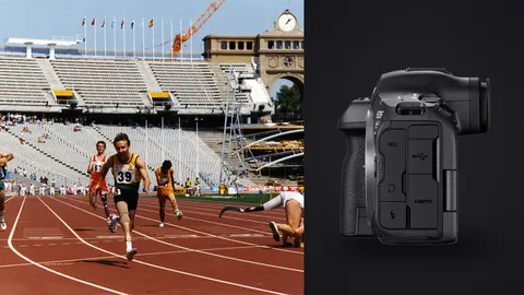 Canon EOS R5 Mark II product photo beside sprinters with prosthetic legs racing as one falls to the track