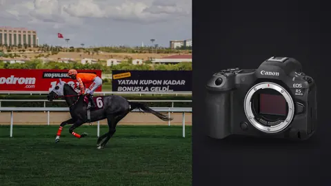 Canon EOS R5 Mark II product photo beside jockeys racing horses down the track in motion blur