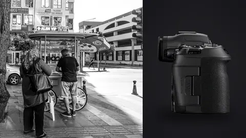 Canon EOS R5 Mark II product photo beside two people waiting beside a street vendor cart