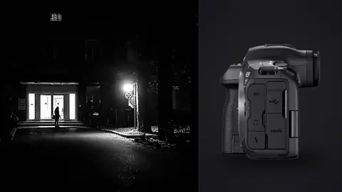 Canon EOS R5 Mark II product photo beside figure approaching a brightly lit building entrance at night