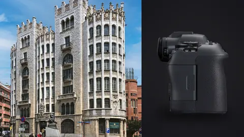 Canon EOS R6 Mark II product photo beside gothic revival building facade against blue sky