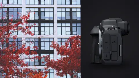 Canon EOS R6 Mark II product photo beside modern building facade seen through red autumn leaves