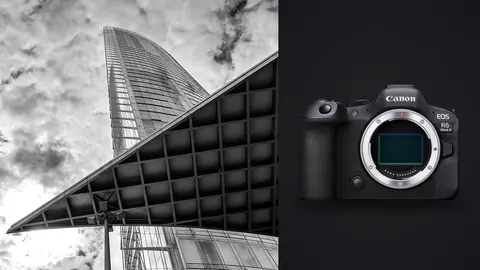 Canon EOS R6 Mark II product photo beside black and white photo of modern skyscraper against dramatic clouds
