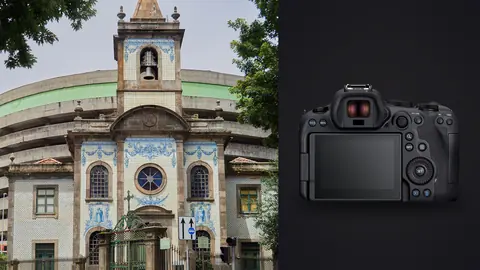 Canon EOS R6 Mark II product photo beside ornate blue and white tiled chapel facade with bell tower