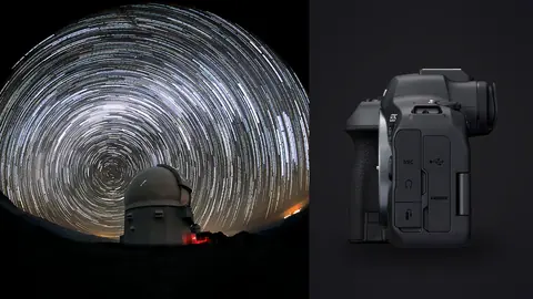 Canon EOS R6 Mark II product photo beside fisheye spiral star trails above a white observatory dome