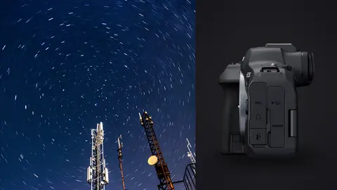 Canon EOS R6 Mark II product photo beside circumpolar star trails over communication antenna towers