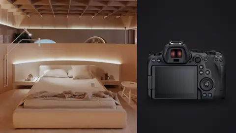 Canon EOS R6 Mark II product photo beside designer bed nook with warm cove lighting