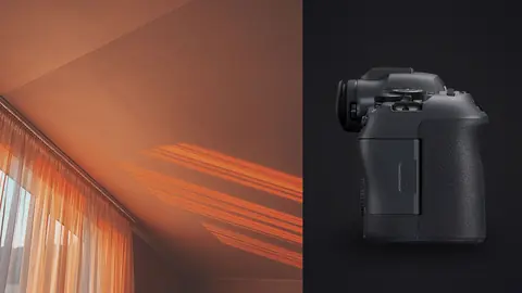 Canon EOS R6 Mark II product photo beside empty room with warm curtain light and shadow at dusk