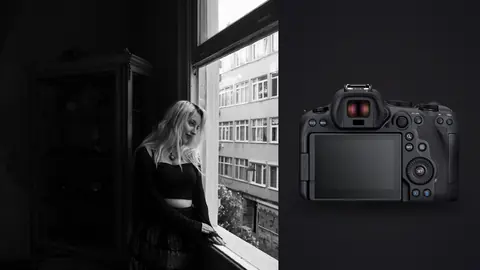 Canon EOS R6 Mark II product photo beside black and white portrait leaning at window in crop top