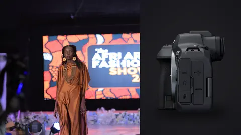 Canon EOS R6 Mark II product photo beside model in a flowing bronze satin gown walking a runway