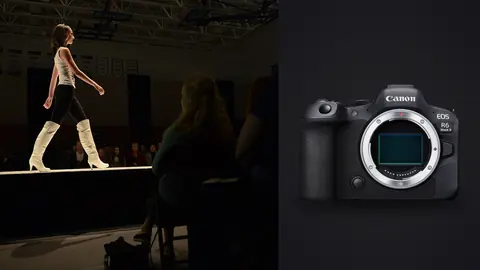 Canon EOS R6 Mark II product photo beside model in a white top and black pants walking a runway