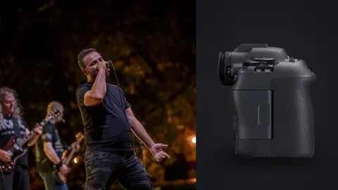 Canon EOS R6 Mark II product photo beside musicians performing on outdoor stage at night
