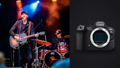 Canon EOS R6 Mark II product photo beside guitarist singing on stage with band
