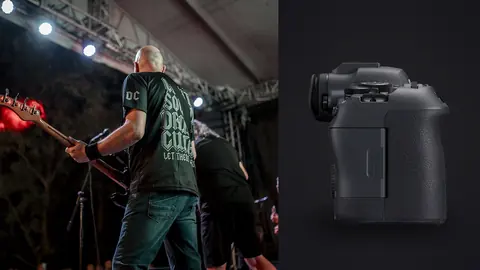 Canon EOS R6 Mark II product photo beside bassist performing on stage