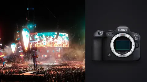Canon EOS R6 Mark II product photo beside large crowd at outdoor concert with colorful stage lights