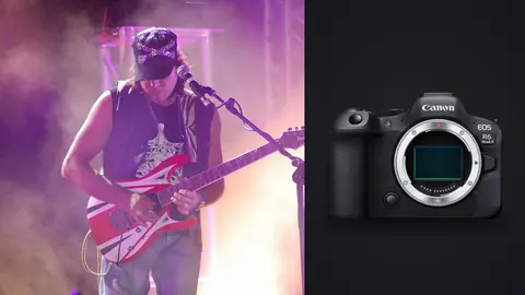 Canon EOS R6 Mark II product photo beside guitarist performing on stage under purple lights