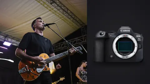 Canon EOS R6 Mark II product photo beside guitarist singing on stage with violinist