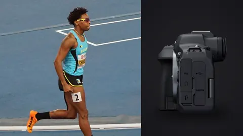 Canon EOS R6 Mark II product photo beside athlete leaning into a sprint finish on the track