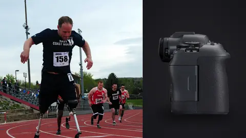 Canon EOS R6 Mark II product photo beside double-amputee military athlete leading a pack in a race