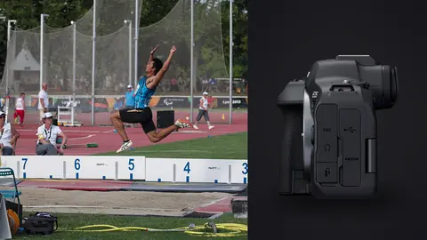 Canon EOS R6 Mark II product photo beside long jump athlete soaring through the air mid-competition