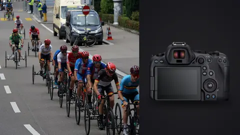 Canon EOS R6 Mark II product photo beside para-cyclists racing on tricycles through a city street