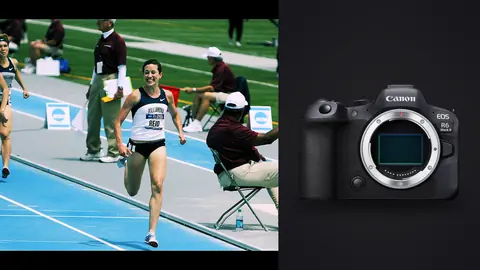 Canon EOS R6 Mark II product photo beside runners smiling as they approach the finish on a blue track
