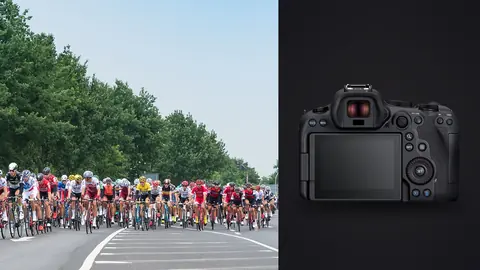 Canon EOS R6 Mark II product photo beside cycling peloton with yellow jersey leader riding down a boulevard