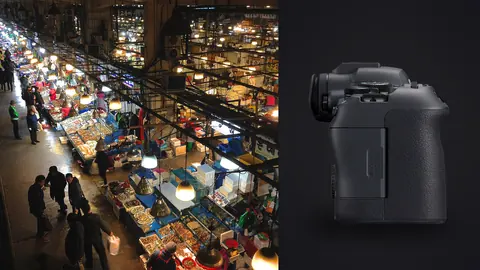 Canon EOS R6 Mark II product photo beside aerial view of a covered night market with stalls