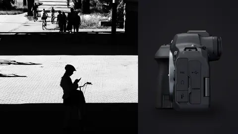 Canon EOS R6 Mark II product photo beside silhouetted figure crossing a sunlit cobblestone plaza